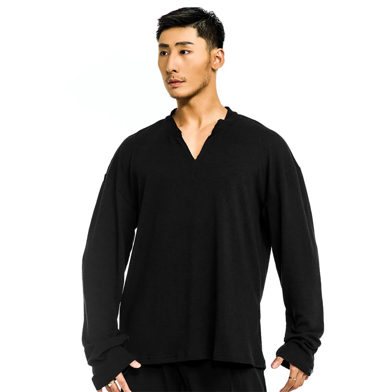 

Черные топы для латинских танцев с v-образным вырезом, мужская рубашка с длинными рукавами для латинских танцев, топ для бальных танцев для взрослых, самба-чача, тренировочная одежда SL11592