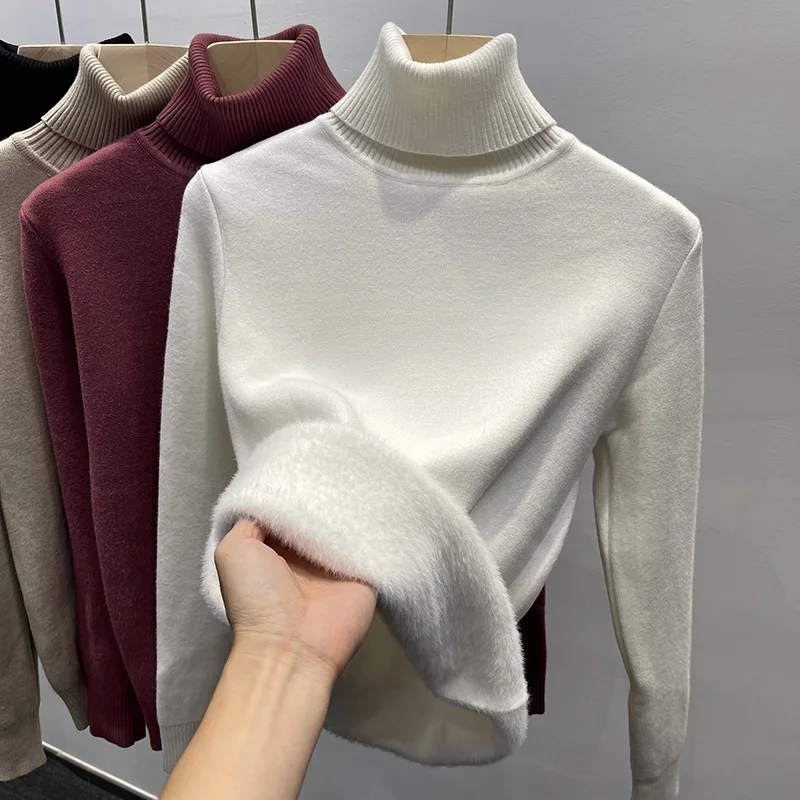 

Autumn Winter Thick Velvet Pullovers Women Turtleneck Sweater Office Lady Fashion Knitted Bottoming Tops Loose Clothes 29242