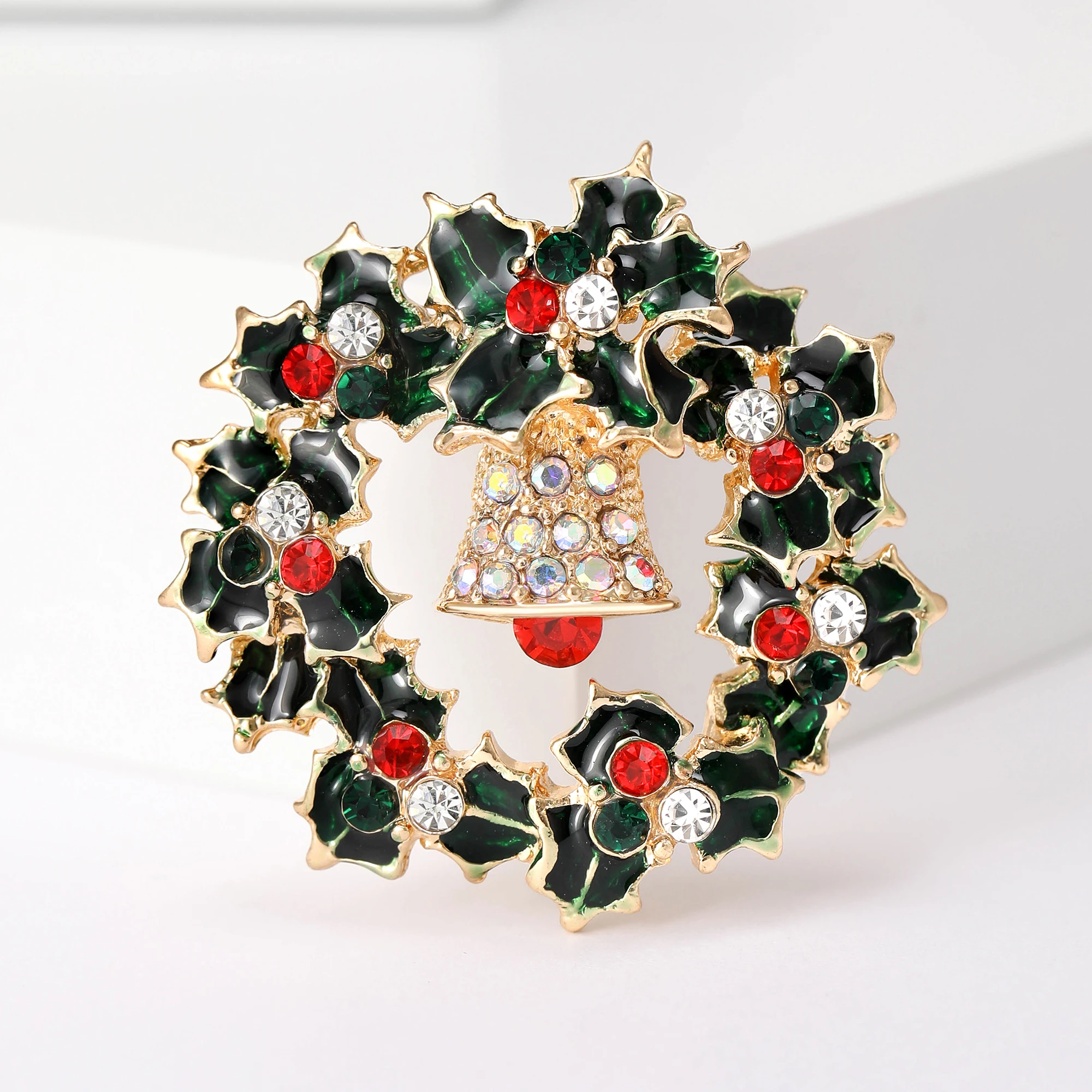 Christmas Rhinestone Wreath Brooches for Women Unisex Enamel Bell Pin Office Party Friend Gifts Accessories