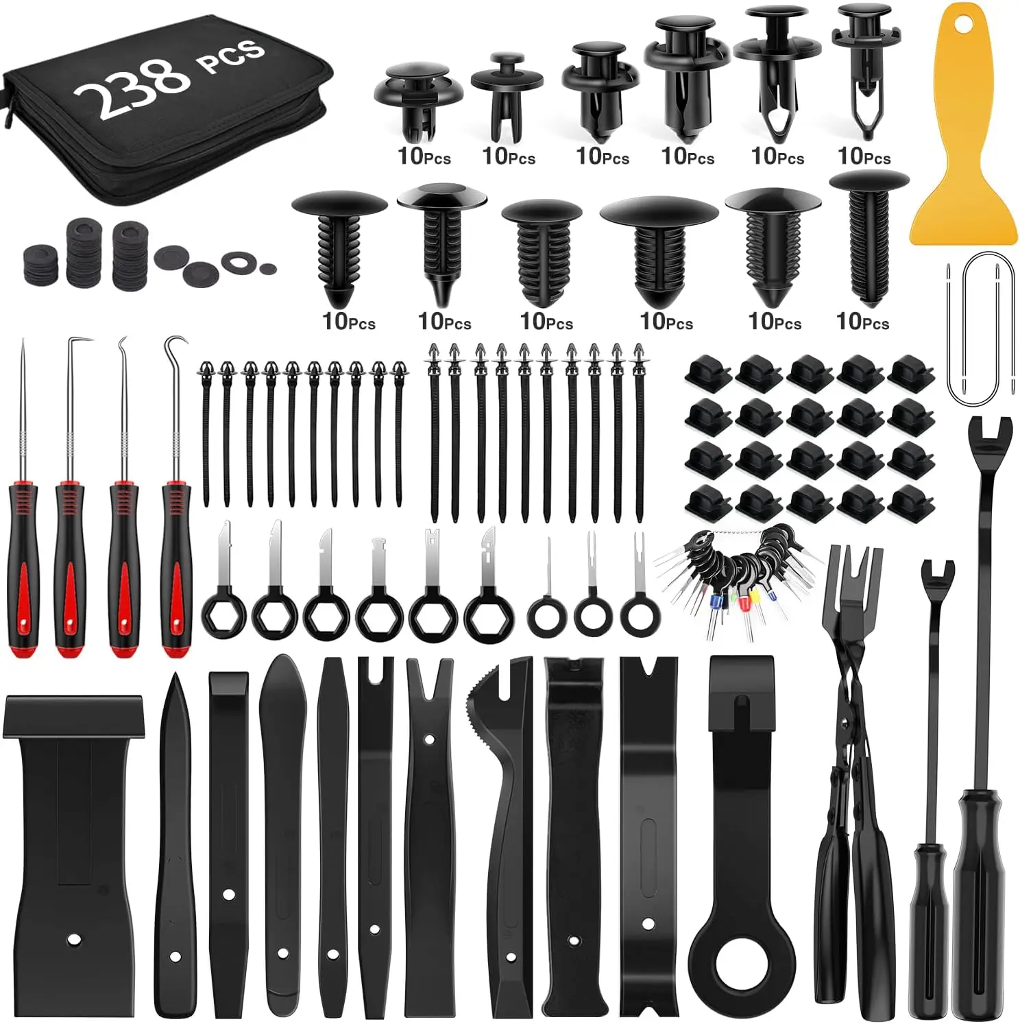 

238Pcs Trim Removal Tool,Auto Push Pin Bumper Retainer Clip Set Fastener Terminal Remover Tool Adhesive Cable Clips Kit,Black