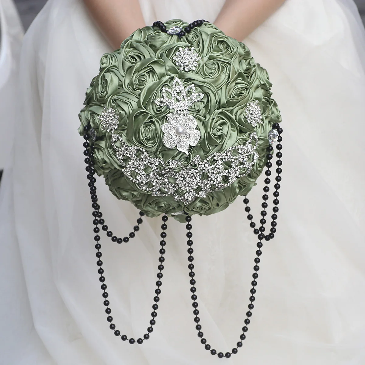 Sage Green Wedding Bouquet Gold Diamond Waterfall bouquet Cascade wedding bouquet