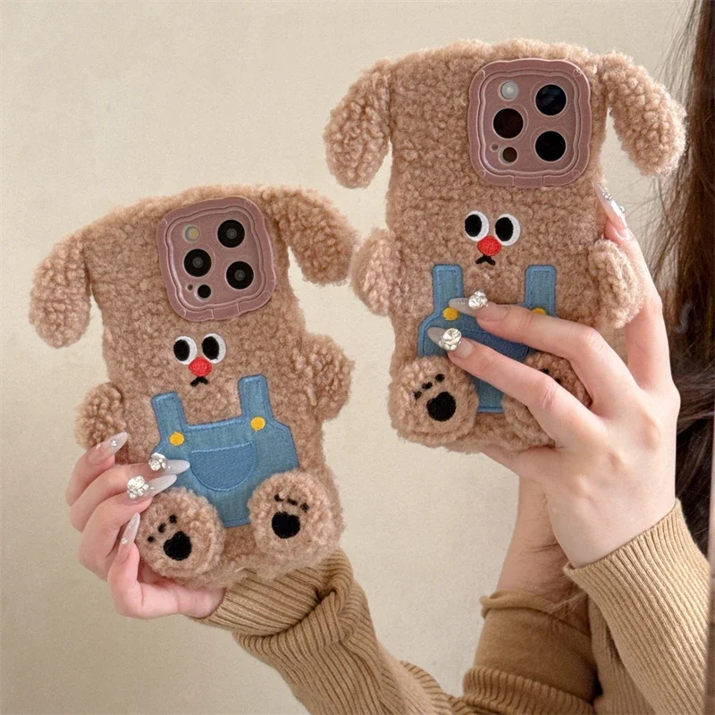 3D Cute Dog Warm Winter Plush Fur Cover for Huawei P40 P50  P60 Pro Pura 70  Fluff Toy Camera Tect Soft Phone Case Cover