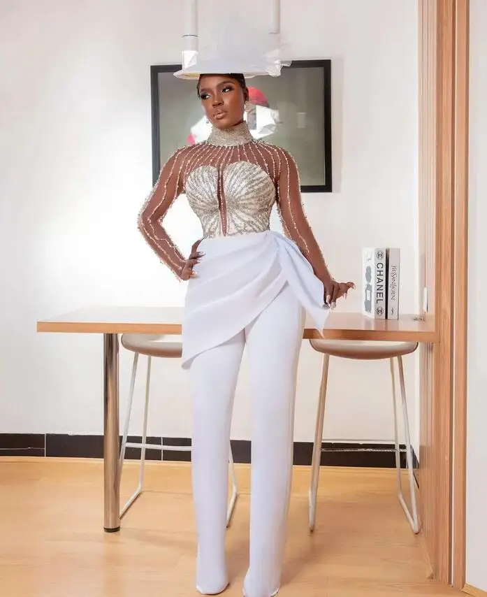 Illusion Long Sleeve Evening Jumpsuit 2022 High Neck Luxury Beaded African Aso Ebi Prom Dress with pant suit