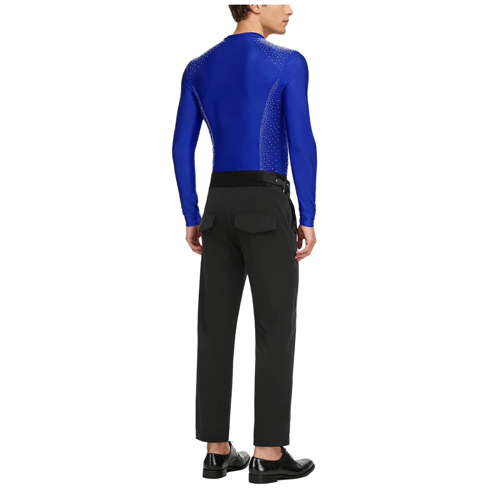 Leotardo de baile latino para hombre, patinaje artístico, Ballet, baile de salón, traje de actuación de Tango, mono con diamantes de imitación brillantes, pantalones largos