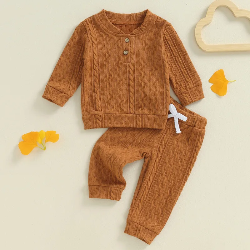 RUEWEY Baby Boy Girl Cable Knit Pant Sets Spring Autumn Clothes Long Sleeve Henry Collar Pullover with Elastic Waist Pants