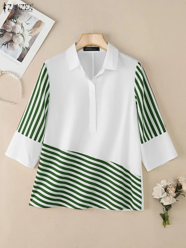 

ZANZEA 2022, офисные женские блузки, летние полосатые лоскутные топы, рубашка с лацканами и рукавами 3/4, повседневные пуговицы, Blusas Mujer, оверсайз