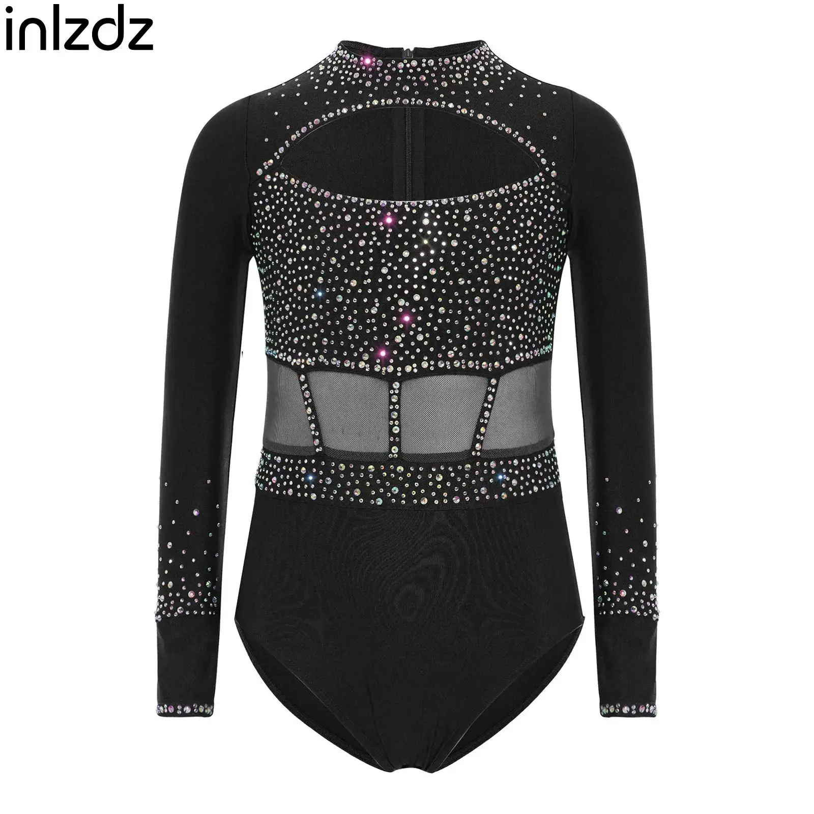 

Kid Girl Athletic Figure Skating Gymnastics Costume Ballet Dance Unitard Leotard Long Sleeve Rhinestones Cutout Front Bodysuit