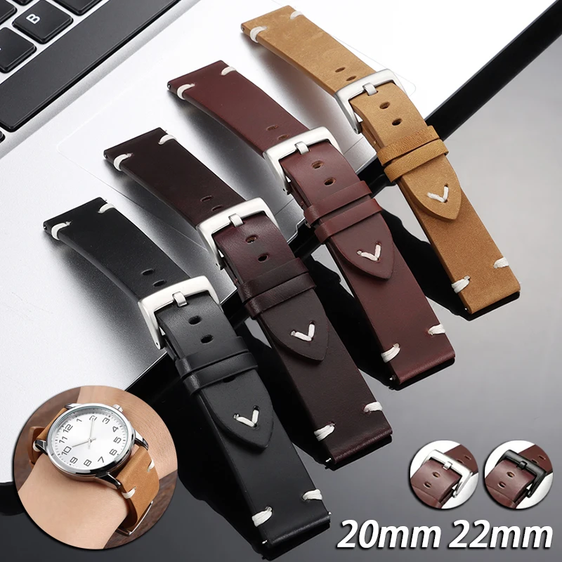 Vintage Hand‑Stitched Genuine Leather Watch Band 20mm 22mm Retro Cowhide Replacement Strap Comfortable Durable Wrist Bracelet