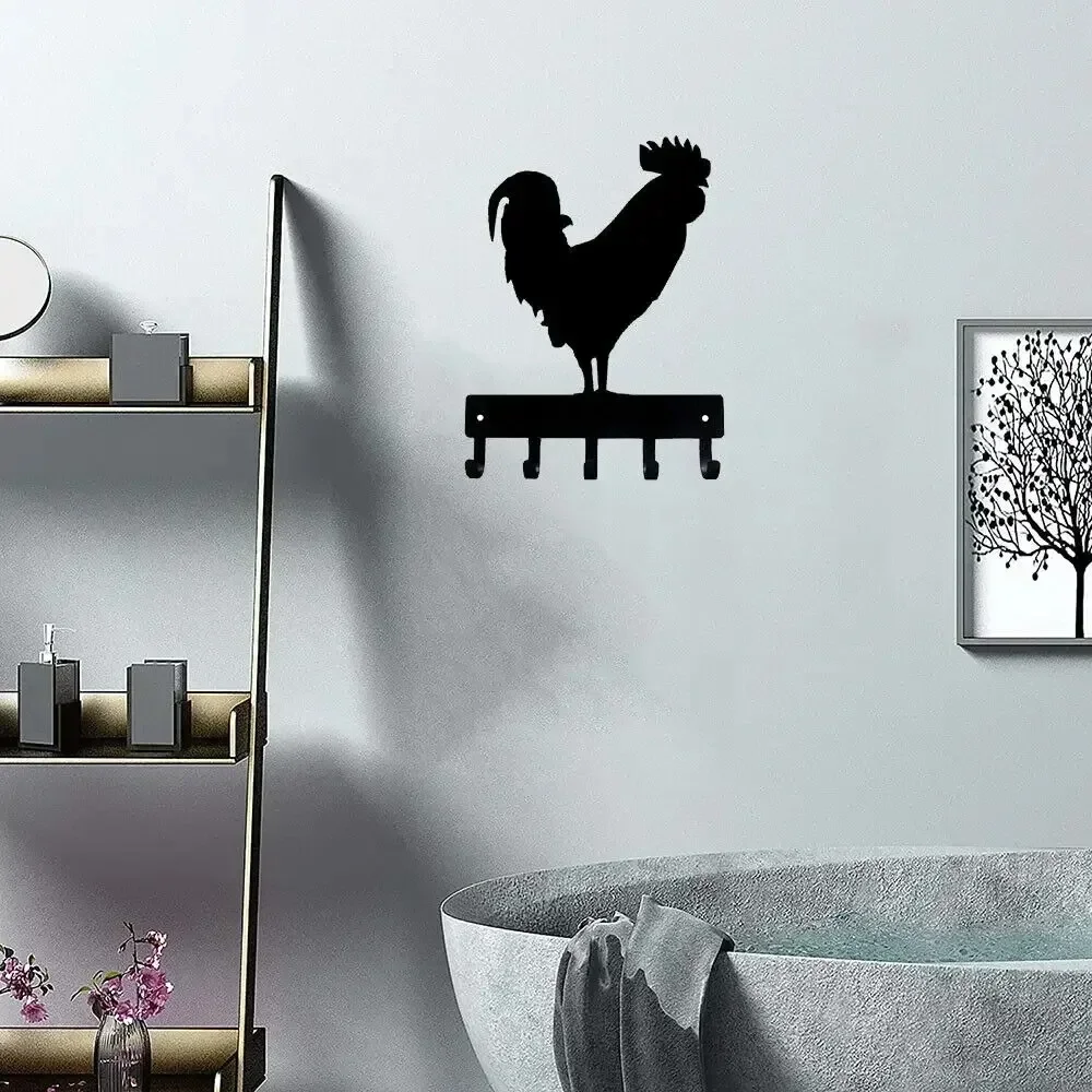 CIFBUY Black Silhouette Metal Key Hook Rack, Rooster & Mountain Tree Wall Mount Hanger, Rustic Entryway Home Decor Gift