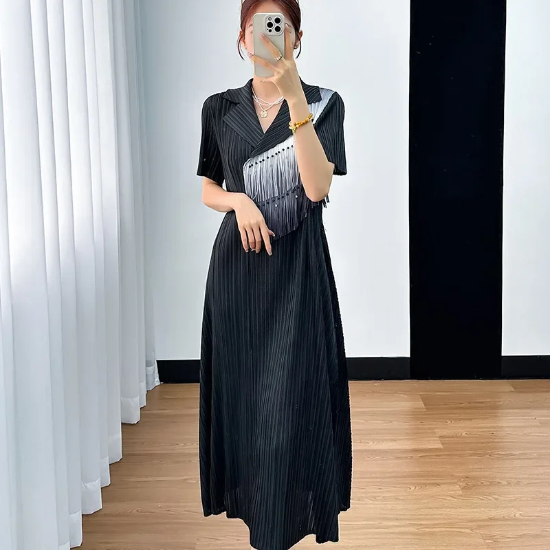 Miyake Summer 2024 High-end French Short Sleeve High Waist Tassel Loose A-line Dress High Waist POLO Dresses for Women