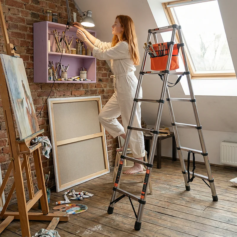 

Heavy-Duty Telescoping A Frame Ladder 350LBS Load Capacity, Carbon Steel Anti-Slip Foldable Step Ladder, Portable Collapsible