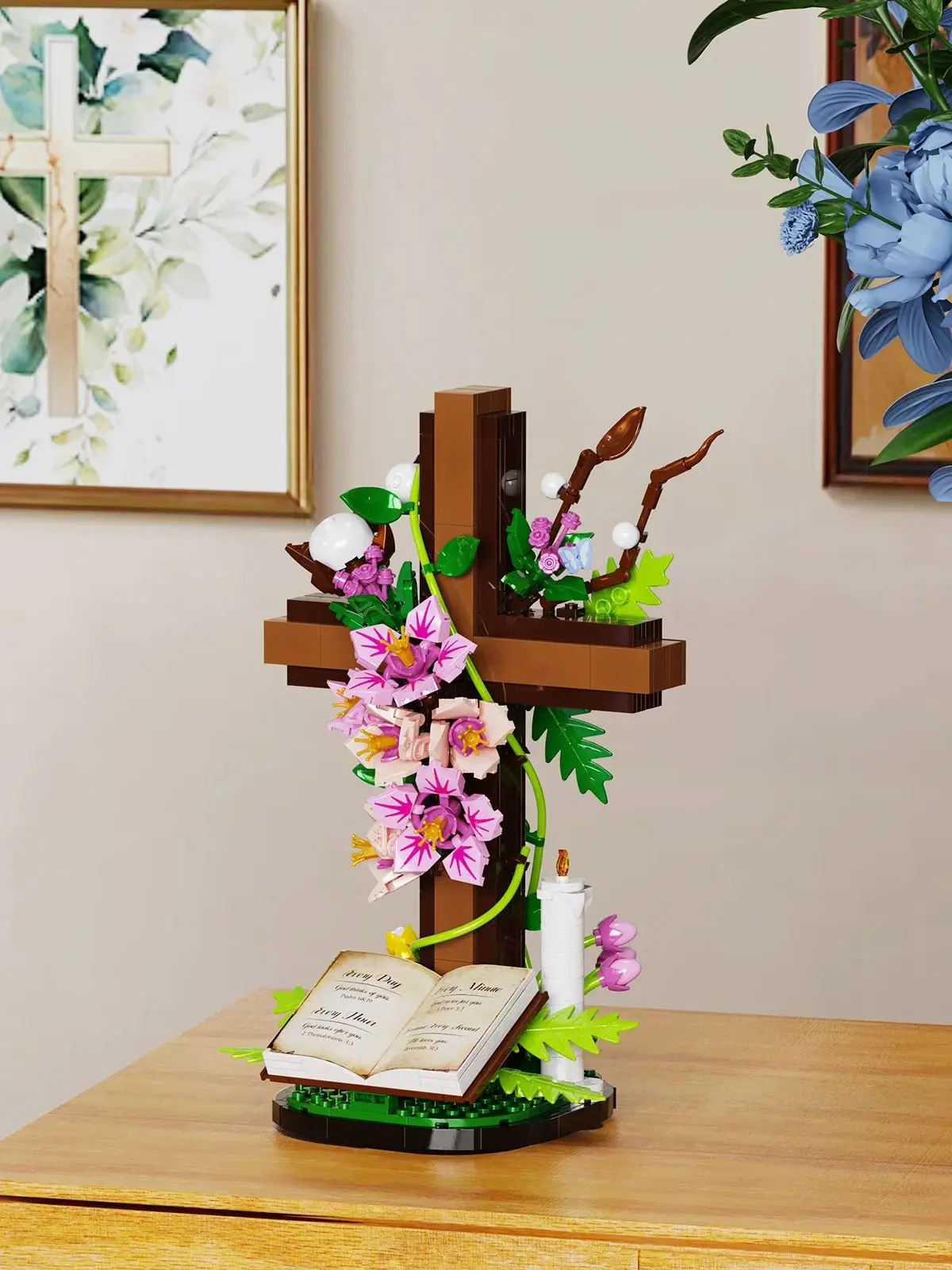 Ensemble de blocs de construction de fleurs de croix de jésus, articles décoratifs sur le thème de la Bible de pâques, cadeaux religieux catholiques pour adultes (568 pièces)
