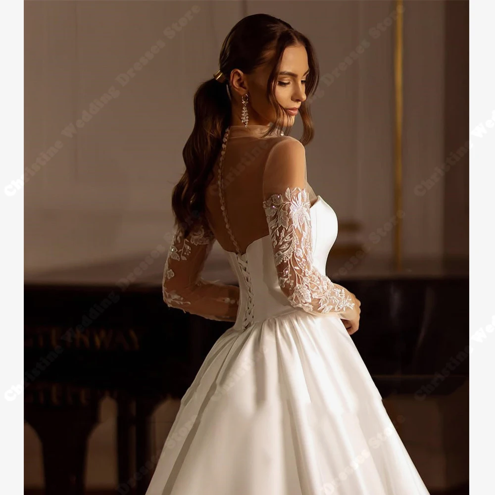 2024 Vintage Women Wedding Dresses O-Neck Long Sleeves Bridal Gowns Lace Appliques A-Line Robes Floor Length Vestidos De Novias