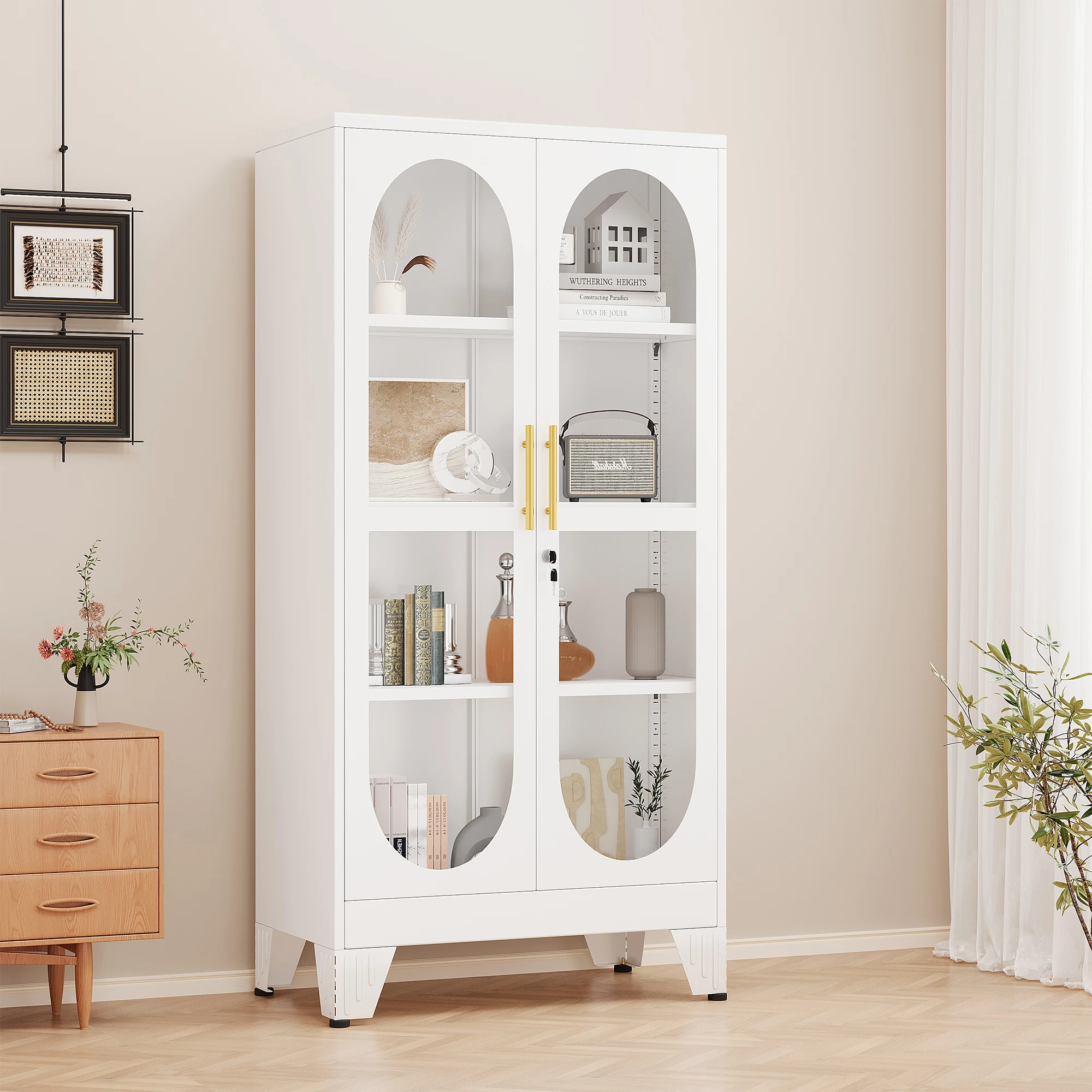 61 inch high metal glass door display cabinet with 4 adjustable shelves, display cabinet storage cabinet