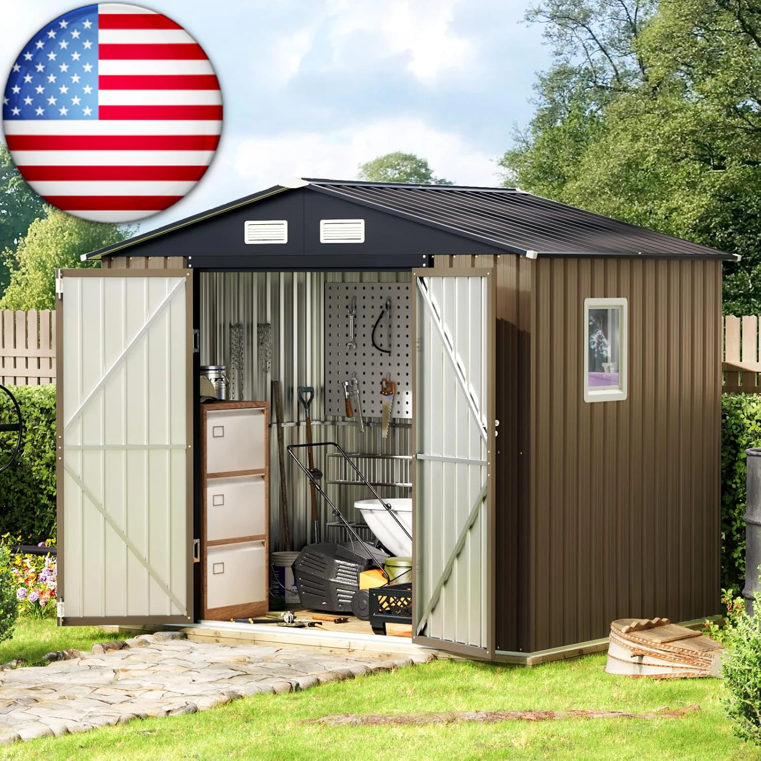 USA HOT One Big Window 8X6FT กลางแจ้งเหล็ก Storage Shed w/ล็อคประตู, เหมาะสําหรับ Garden, Backyard, Patio Storage, สีน้ําตาล