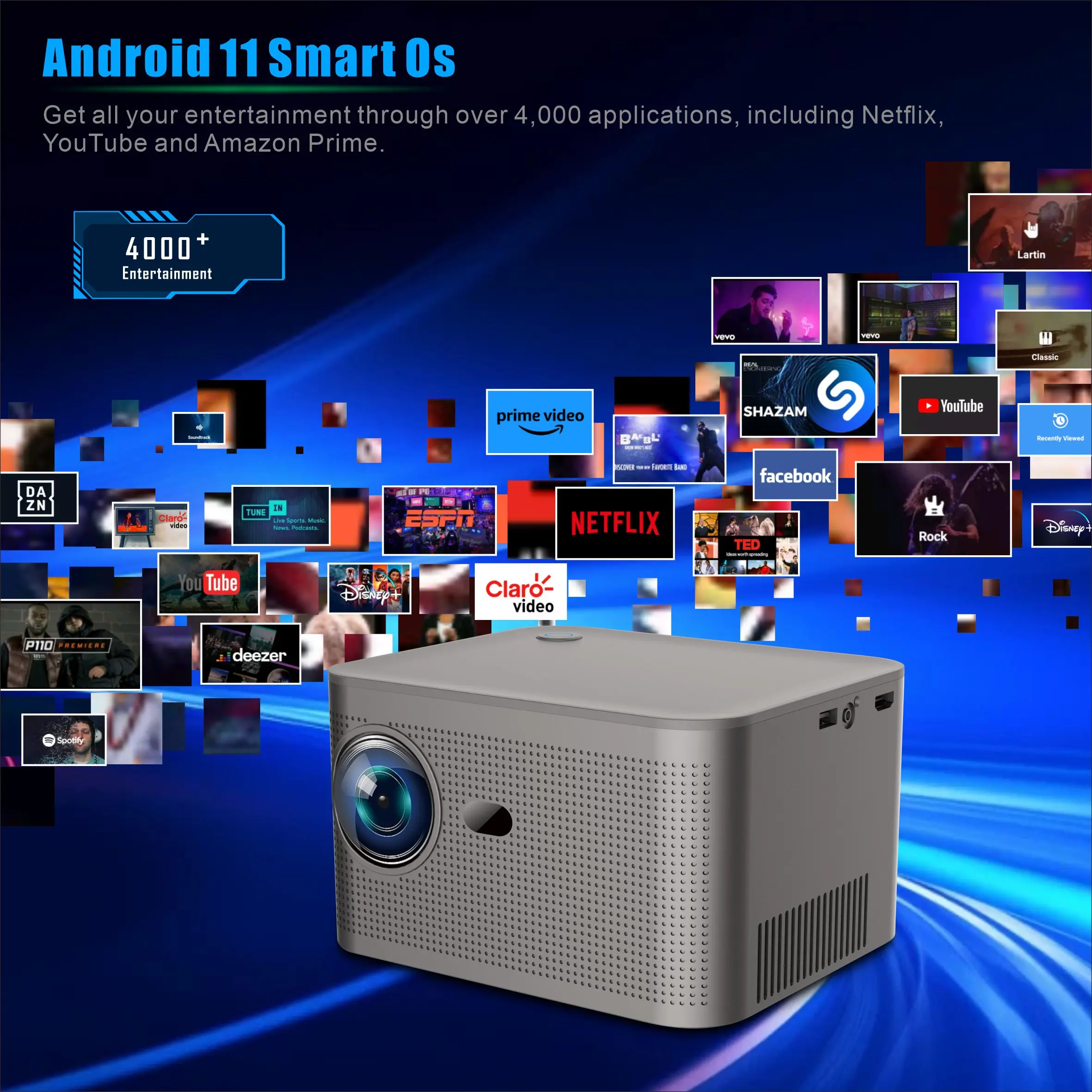 HY350 Smart Projector 4K Android 11 Dual Wifi6 300 ANSI Quad-core Allwinner H713 2GB 32GB 1080P Home Cinema Outdoor Projetor