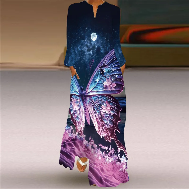 Autumn New Women's Retro Butterfly Digital Printed Maxi Dress Casual V-neck Long Sleeved Pocket Loose And Large Swing Dresses