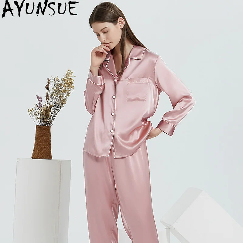 AYUNSUE 100% Mulberry Silk Pajamas for Women 30MM Silk Long Sleeve Sleepwear 2026 Spring Summer Nightwear Female Pijama Feminino