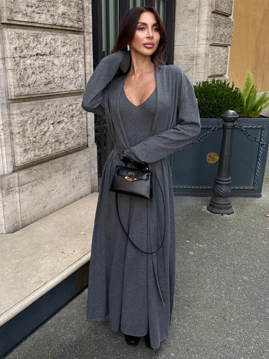 

Solid Knit Thin Long Dress Women V Neck Suspender Maxi Dresses+Long Sleeve Cardigan Smock Autumn Streetwear Fashion 2 Piece Sets