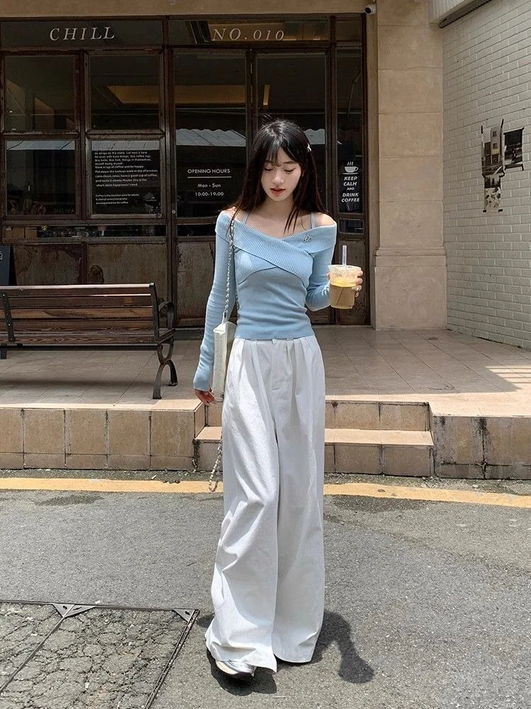 Japanische Elegante Sexy Off Schulter Neckholder Stricken Top Frauen Herbst Winter Neue Slim Fit Langarm Pullover Pullover Outfit