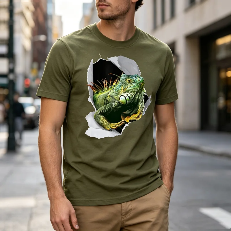 Iguana Rip Graphic T Shirt Lizard Reptile Breakthrough Print Mens 100% Cotton Crew Neck Top  Oversized T Shirt Harajuku