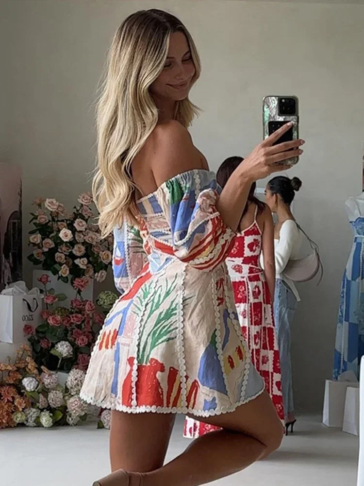 Printed Off Shoulder Mini Dress Women Beach Lantern Sleeve Patchwork Backless Hollow Out Dresses 2024 Summer Holiday Party Robe