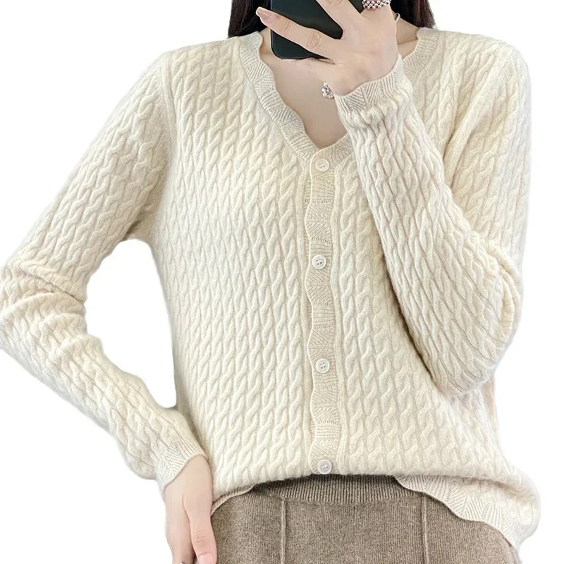 100% Austrilian Wool Women\' Autumn and Winter V-neck Twisted Wool Loose Fit High Stretch Sweater Knitted Sweater Cardigan