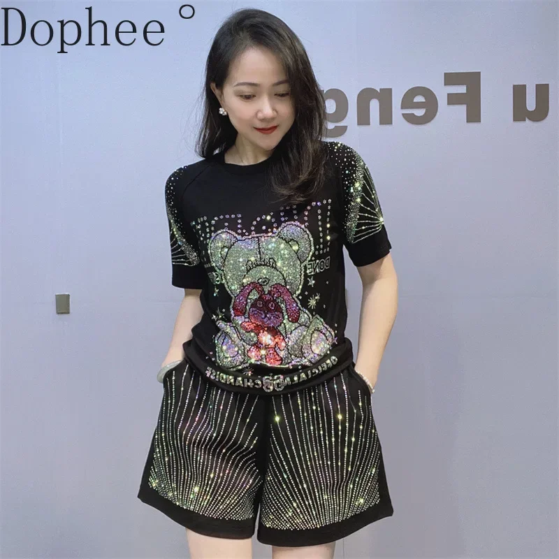 Blingbling Hot Drilling Summer Women Two-piece Set Cute Bear Diamonds T-shirt Short Sleeve Top + Stretch Wide Leg Shorts Suits