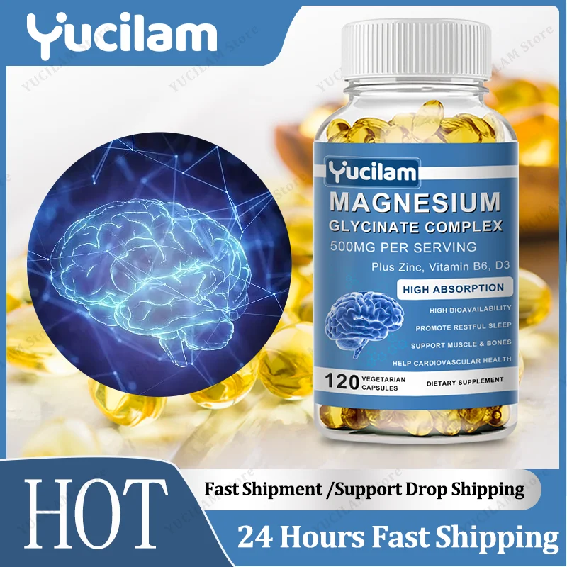Magnesium Glycinate Supplement 500mg & Zinc, Vitamin D3 B6 High Absorption Support for Women & Men Mineral Vegan Capsules