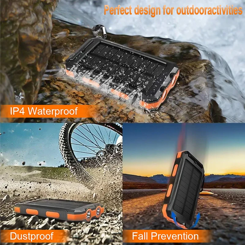 20000mAh Solar Power Bank Large Capacity Fast Charging Portable Compass Flashlight External Battery Outdoor Power For iPhone