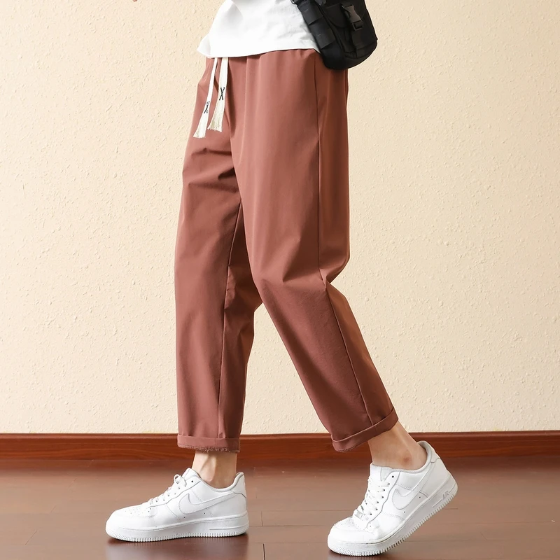 Fashion Elastic Lace Up Solid Color Straight Casual Pants Men\'s Clothing 2024 Summer New Loose High Waist Korean Cropped Pants