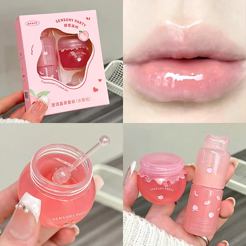 Juego de bálsamo labial hidratante, brillo de labios hidratante ligero de melocotón y arándanos, alivia la sequedad y elimina la piel muerta, calmante para los labios tiernos