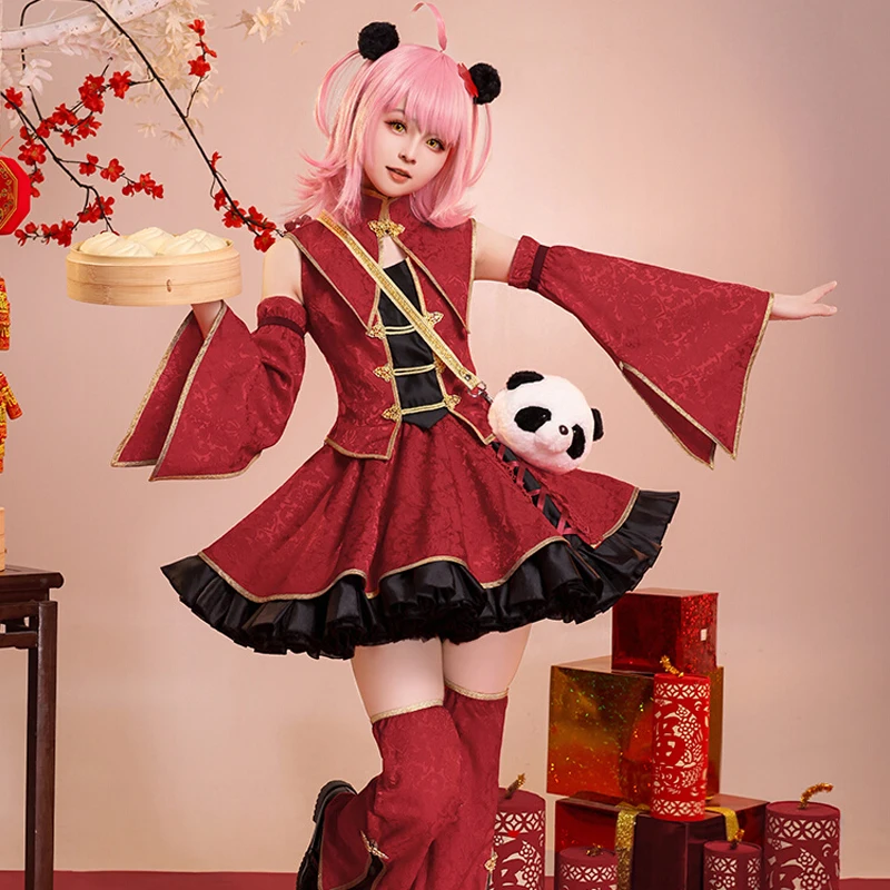 New Year Costume Shugo Chara Chinese Style Hinamori Amu Cosplay Red Wide Sleeve Dark Printed Women Skirt B