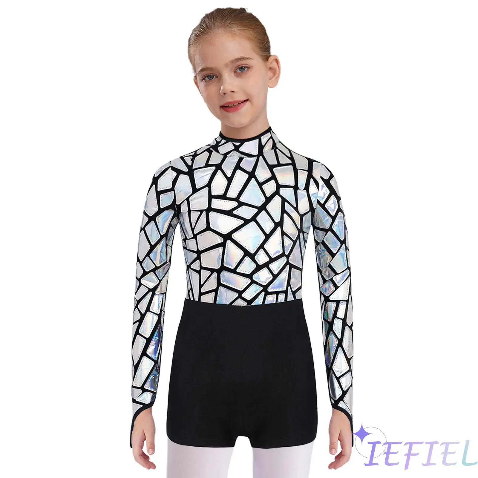 

Kids Girls Disco Jazz Dance Jumpsuit Mock Neck Long Sleeve Keyhole Back Leotard for 80s Disco Dance Performance Competition