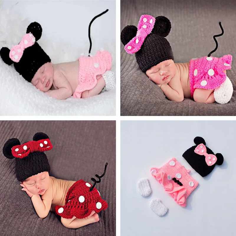 Conjunto de Accesorios para Fotos de Bebé, Ratón de Ganchillo Hecho a Mano, Gorro y Falda de Punto Suave, Disfraz para Sesión de Fotos de Bebés, Regalo Ideal para Recién Nacidos
