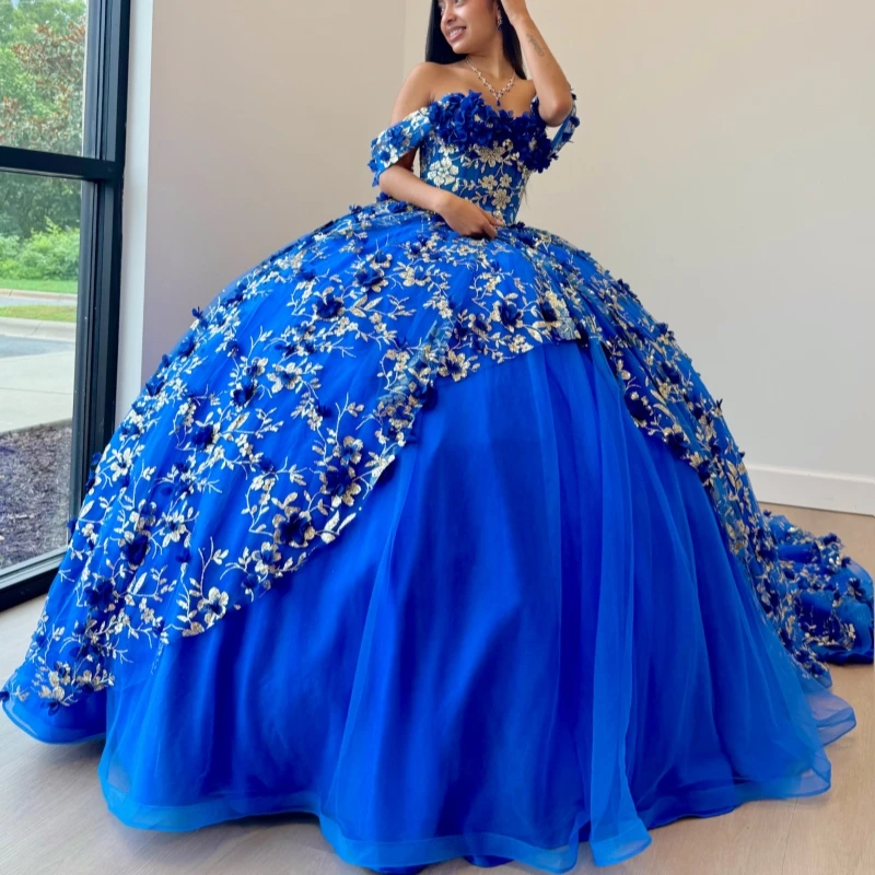 Royal Blue Glitter Quinceanera Dresses Off Shoulder Ball Gown Sweet 16 Dress Gold Applique Flower Tull Party Birthday Vestidos