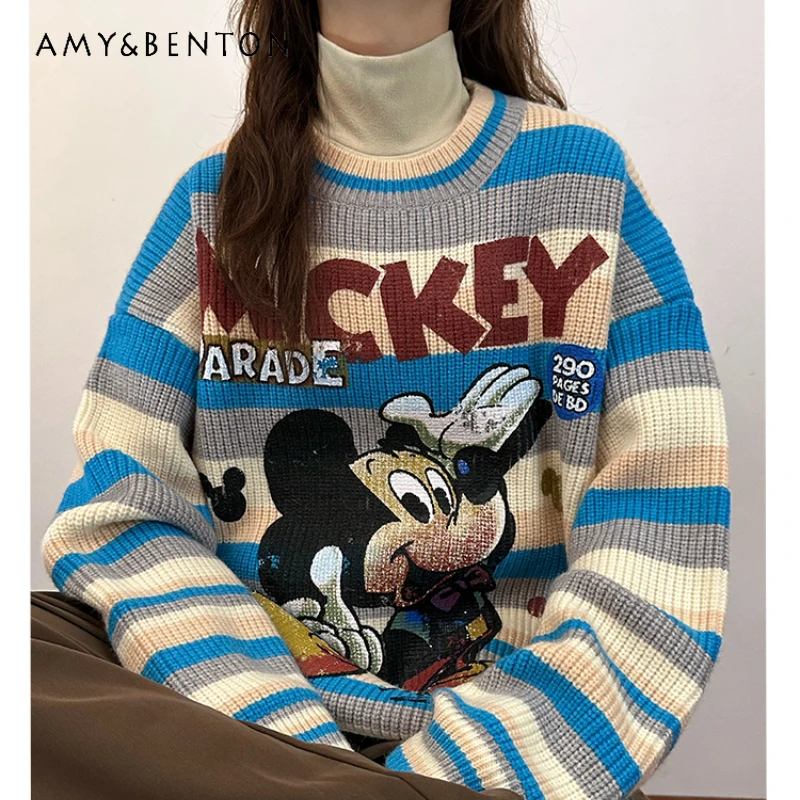 Yellow Cartoon Knitwear Women's All-Match Pullovers For Ladies Autumn And Winter New Long-sleeves Trendy Sweater Y2k Top Outwear