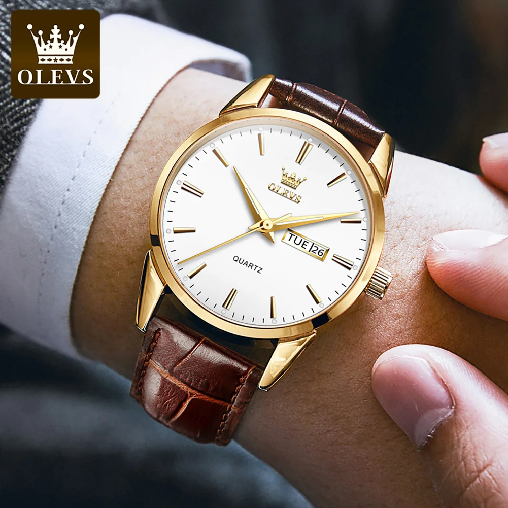 OLEVS Quartz Waterproof Men Watches High quality Exquisite Genuine Leather Strap Business Wristwatches Popular Casual Man Watch