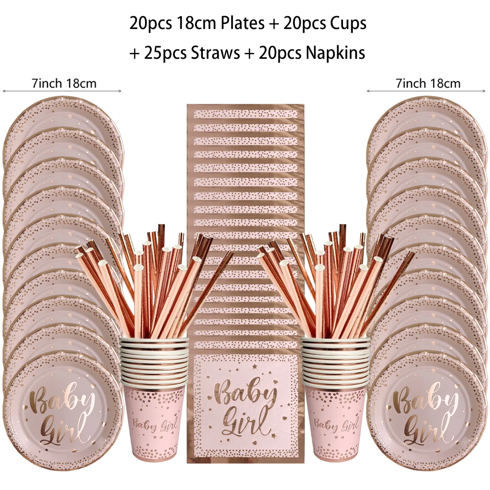 Birthday Disposable Tableware Set Pink Rose Gold White Plates Cups Napkins Tablecloth Girl Birthday Party Decoration Baby Shower image 4