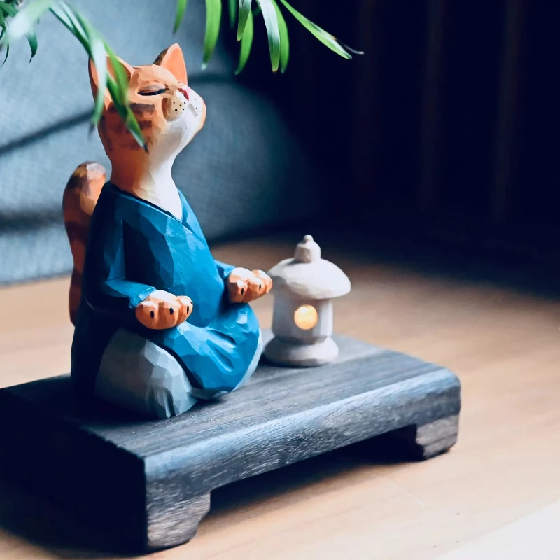 Zen Meditation Cat Wood Carving Set, Handcrafted Home Decor Sculptures for Desk, Mindful Gift & Minimalist Accent Collection.