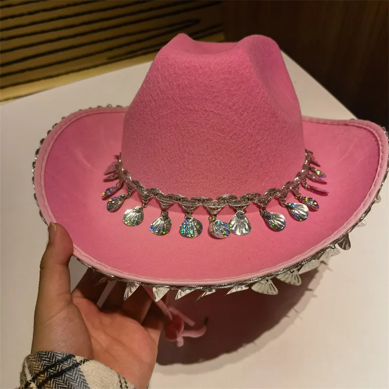 Cowboy Hat Sequined Pink Western Crown Denim Frayed Diamond Feather Hot Girl Gradient Tassel New Fedora Hat