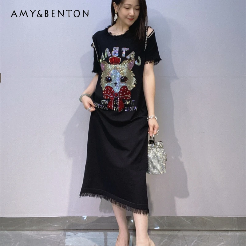 

2026 Summer Black O-Neck Cold Shoulder Knitted Dress French Style Elegant Heavy Craft Rhinestone Design Midi Dresses For Women