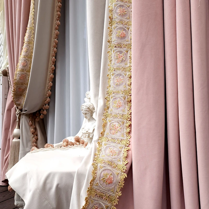 Heavy Industries Embroidery Pink Velvet Splicing Light Blocking Curtains for Living Room Bedroom Villa Customized Products