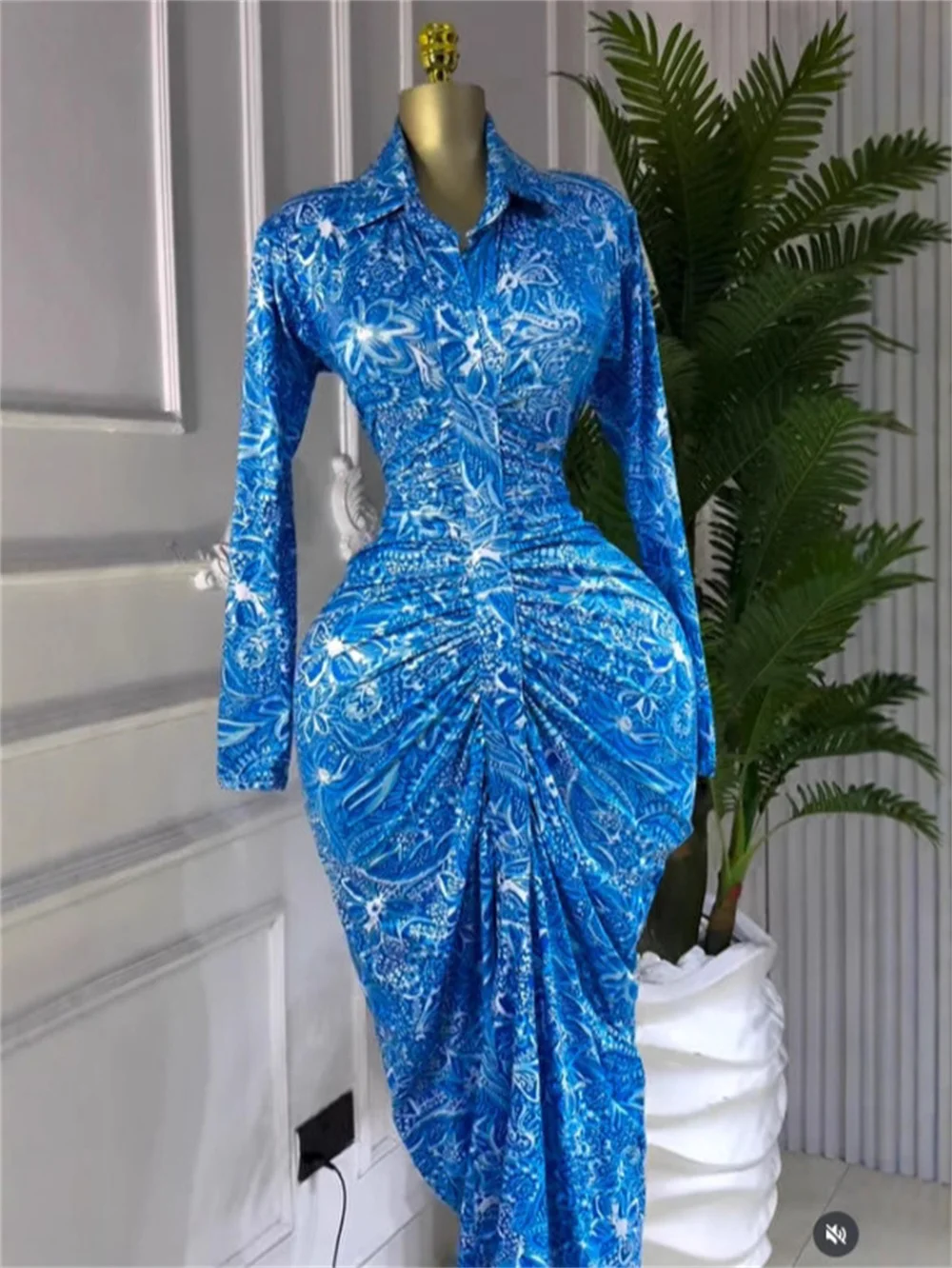 Frauen Sexy Langarm Drehen-unten Kragen Blau Floral Gedruckt Maxi Kleid 2025, Straße Geburtstag Abend Party Kleid Club vestidos