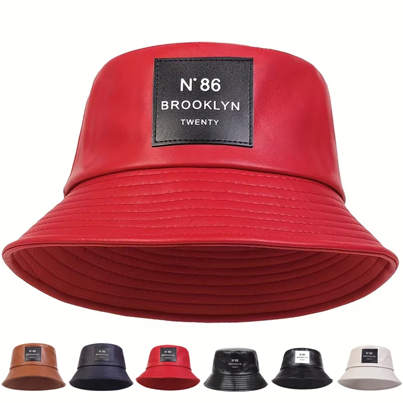 Unisex Brooklyn Leather Label Bucket Hat PU Leather Fisherman Hat Outdoor Travel Hat Sunscreen Hats for Men Women Bucket Hats