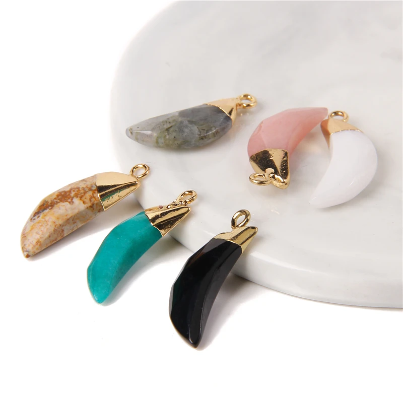 10x27mm 2pcs Fashion Natural Labradorite Quartz Stone Pendant Moon Tooth Pendants Charm Making Healing Necklaces Earring Jewelry