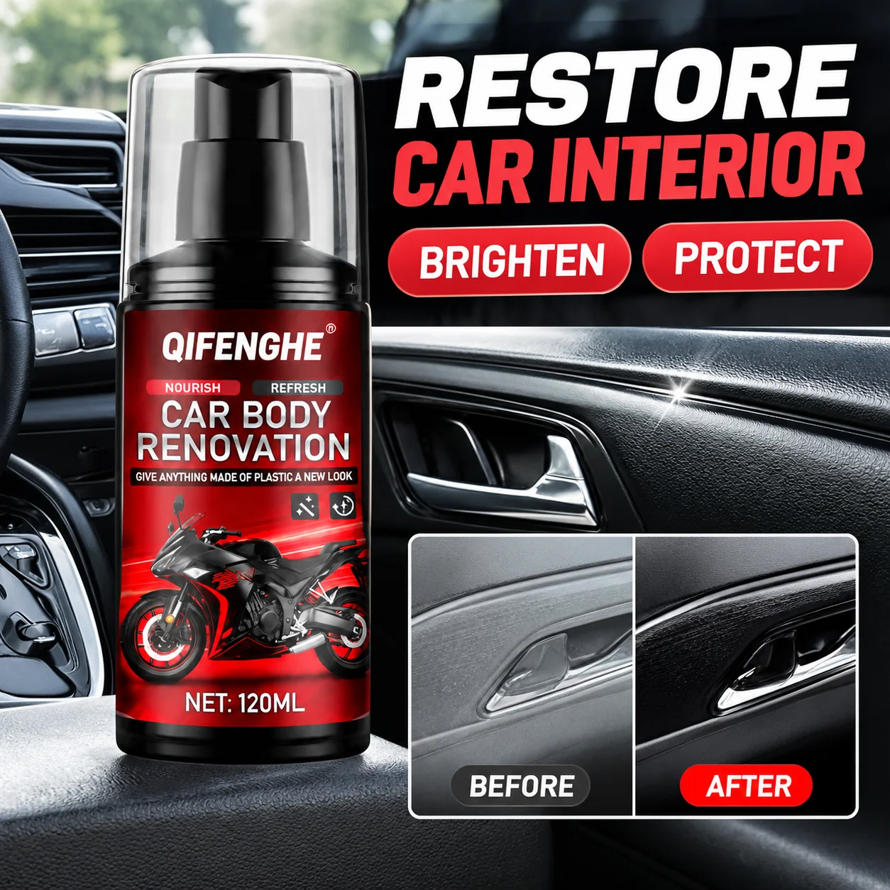 Multi-Functional Gloss Restoration And Care Product for Full Car Interior Renovation, Tire Brightening, And Care. Restores