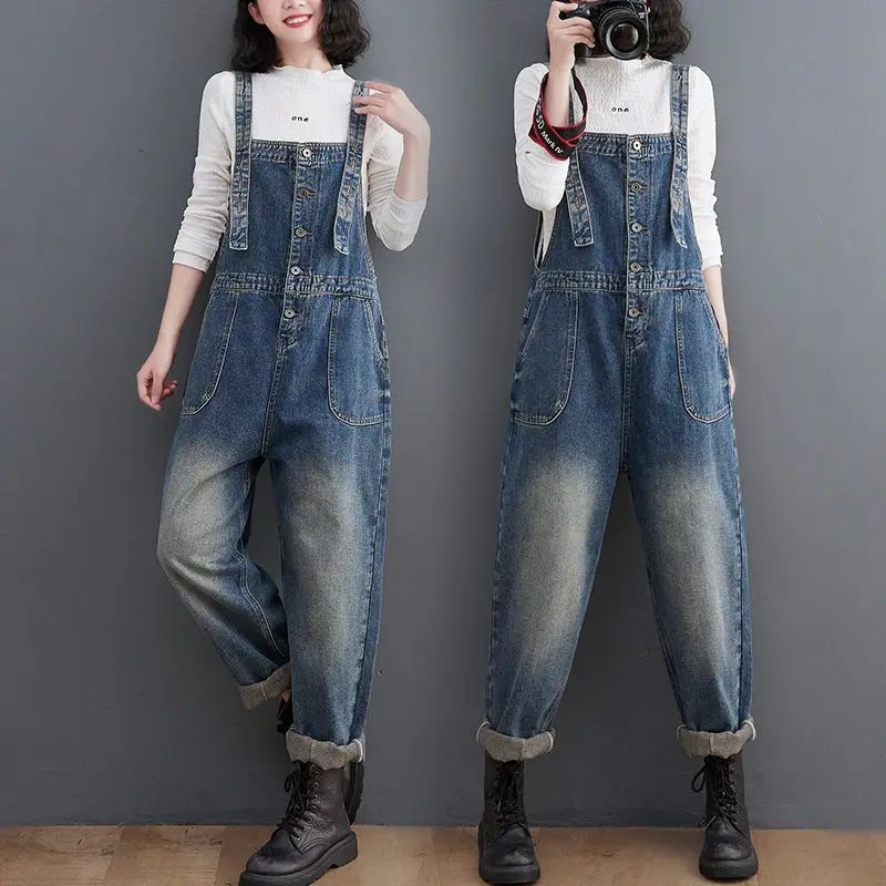 

Korean Loose Straight Denim Pants For Women Spring Autumn 2023 New Style Literary Artistic Retro Slim Jumpsuit Strap Jeans Z054