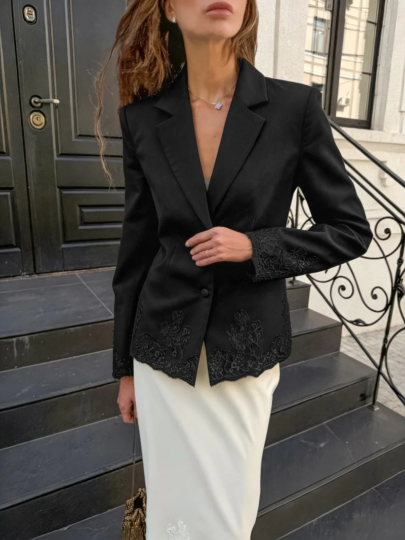 Womens Solid Color Slim Fit Waist Lace Patchwork Blazer Scalloped V Neck Long Sleeve Cardigan Spring Fall New Trendy Chic Classy
