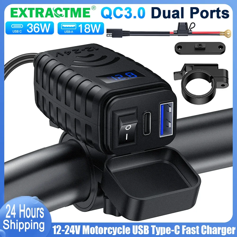 

Extractme Motorcycle Dual Fast Charging USB A+C Charger Waterproof Socket Connector with Digital Voltmeter Moto Accessories